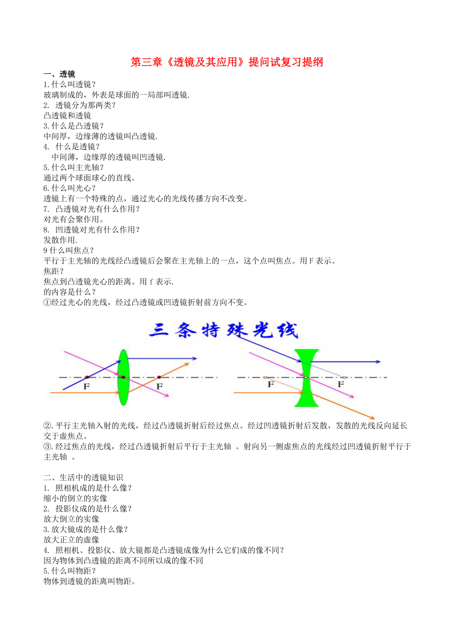 整理版第三章透镜及其应用提问试复习提纲_第1页