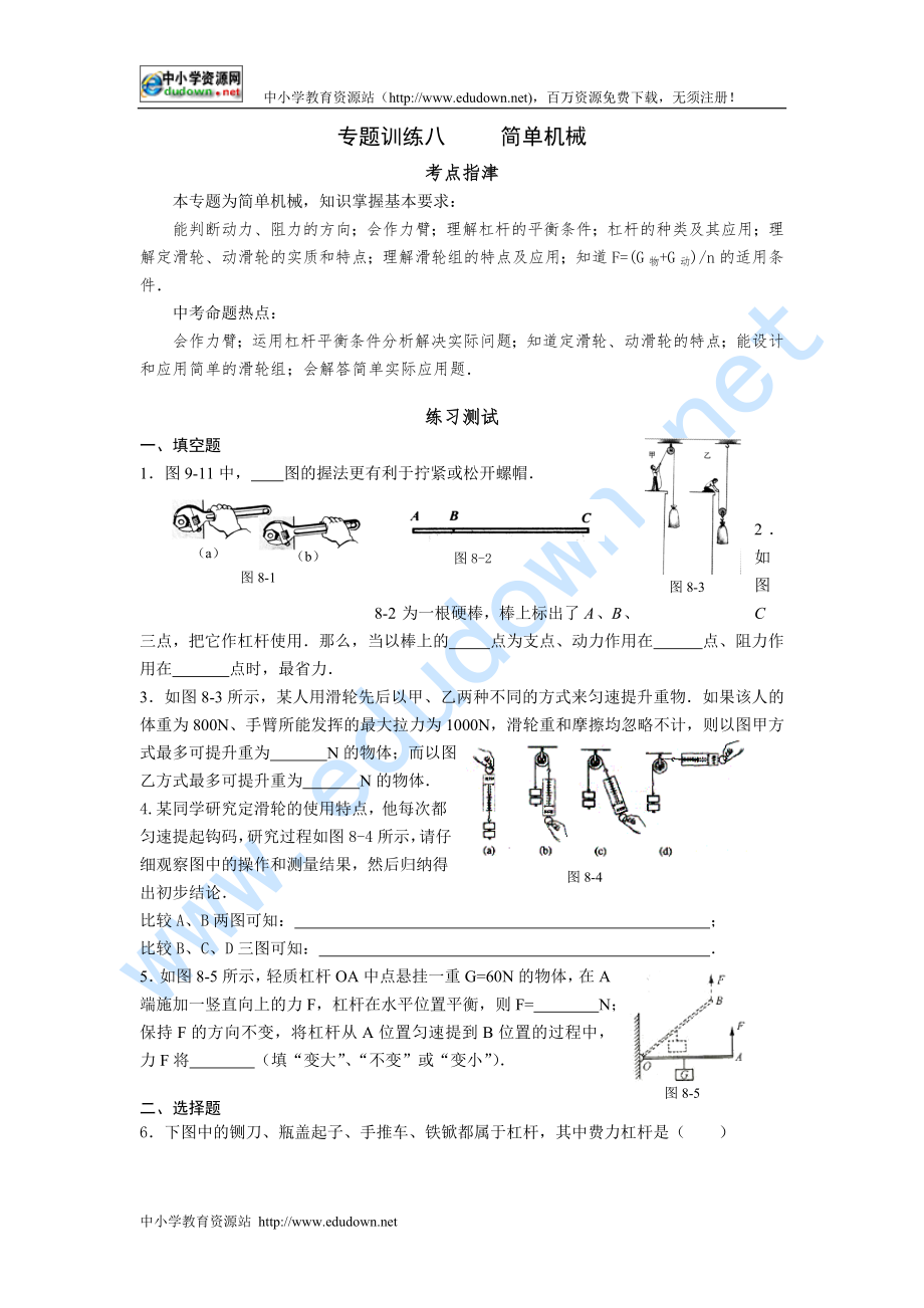 中考指要物理 專題訓(xùn)練八 簡單機械_第1頁