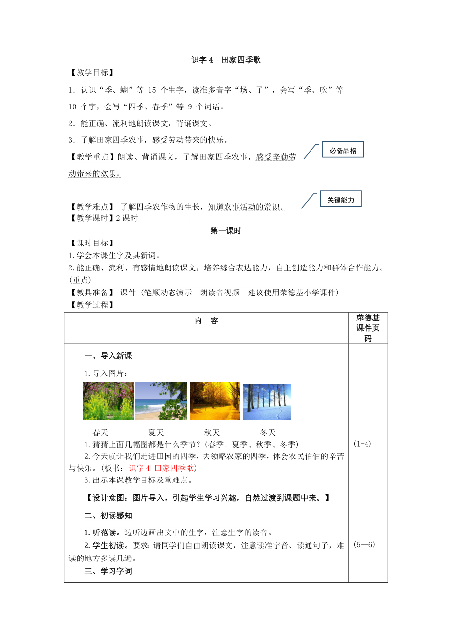 部编版二年级上册语文 第2单元 识字4 田家四季歌（教案）_第1页