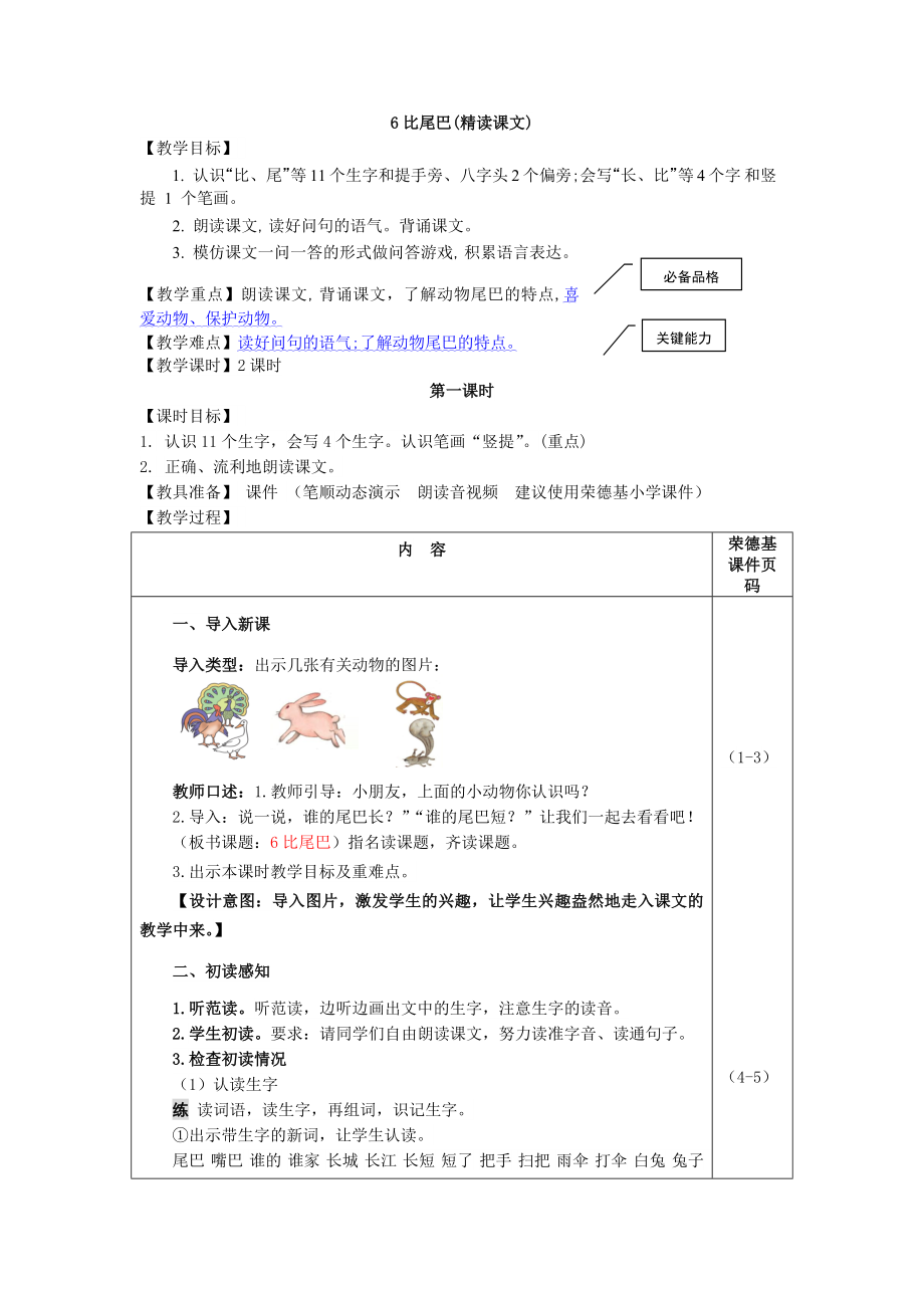 部編版一年級上冊語文 第6單元 6.比尾巴（教案）_第1頁