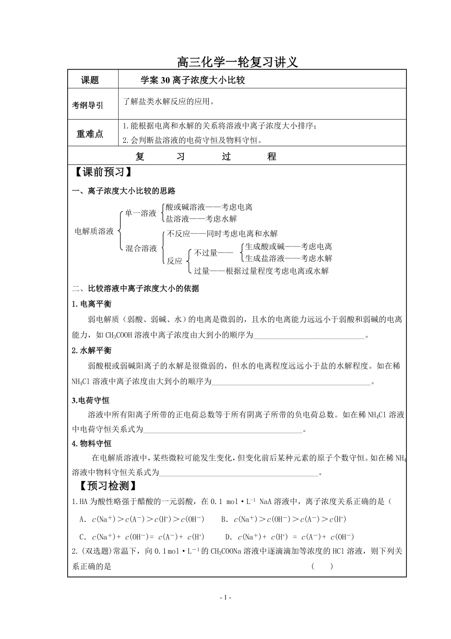 學(xué)案30 離子濃度大小比較專題_第1頁(yè)