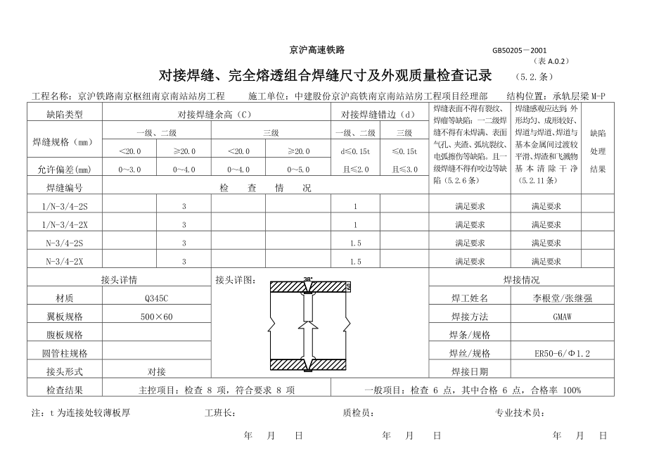 对接焊缝、完全熔透组合焊缝尺寸及外观质量检查记录M-R_第1页