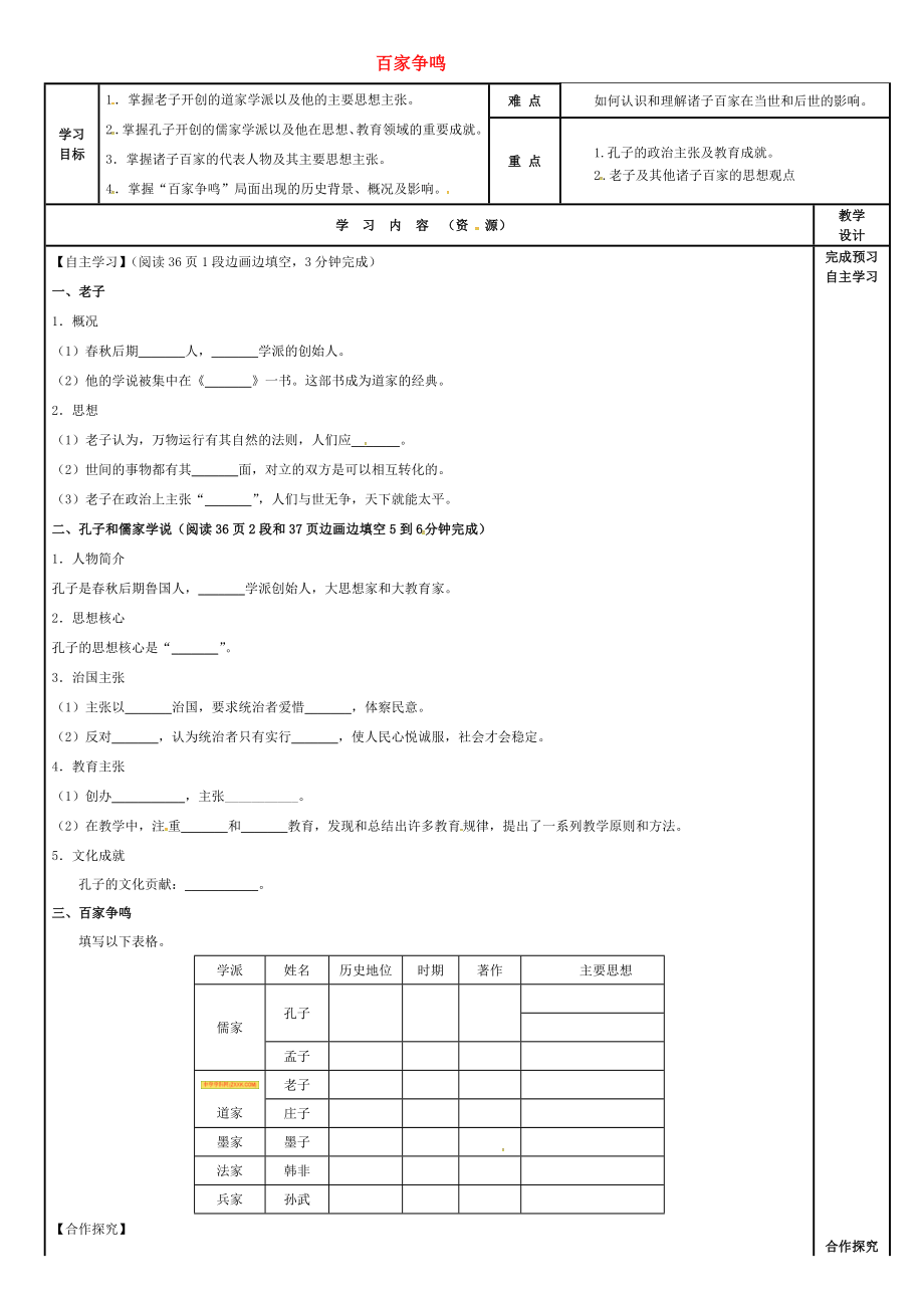 吉林省磐石市吉昌鎮(zhèn)七年級(jí)歷史上冊(cè)第8課百家爭(zhēng)鳴導(dǎo)學(xué)案無答案新人教版通用_第1頁