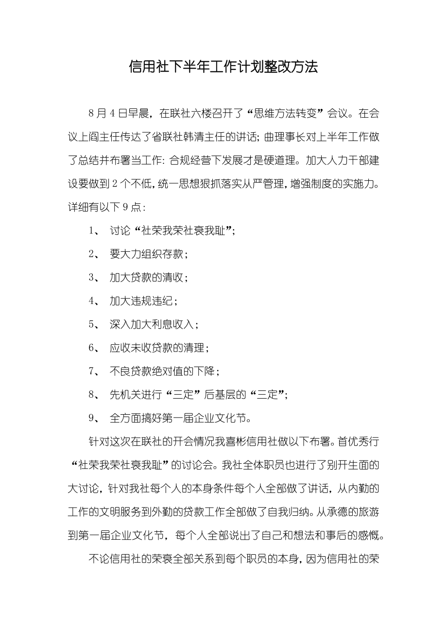 信用社下半年工作计划整改方法_第1页