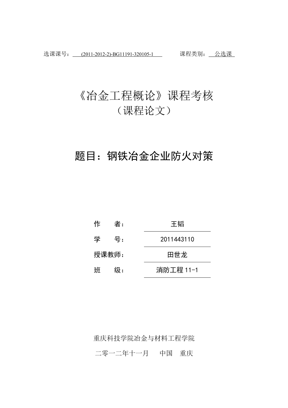 《冶金工程概論》課程考核論文封面_第1頁(yè)