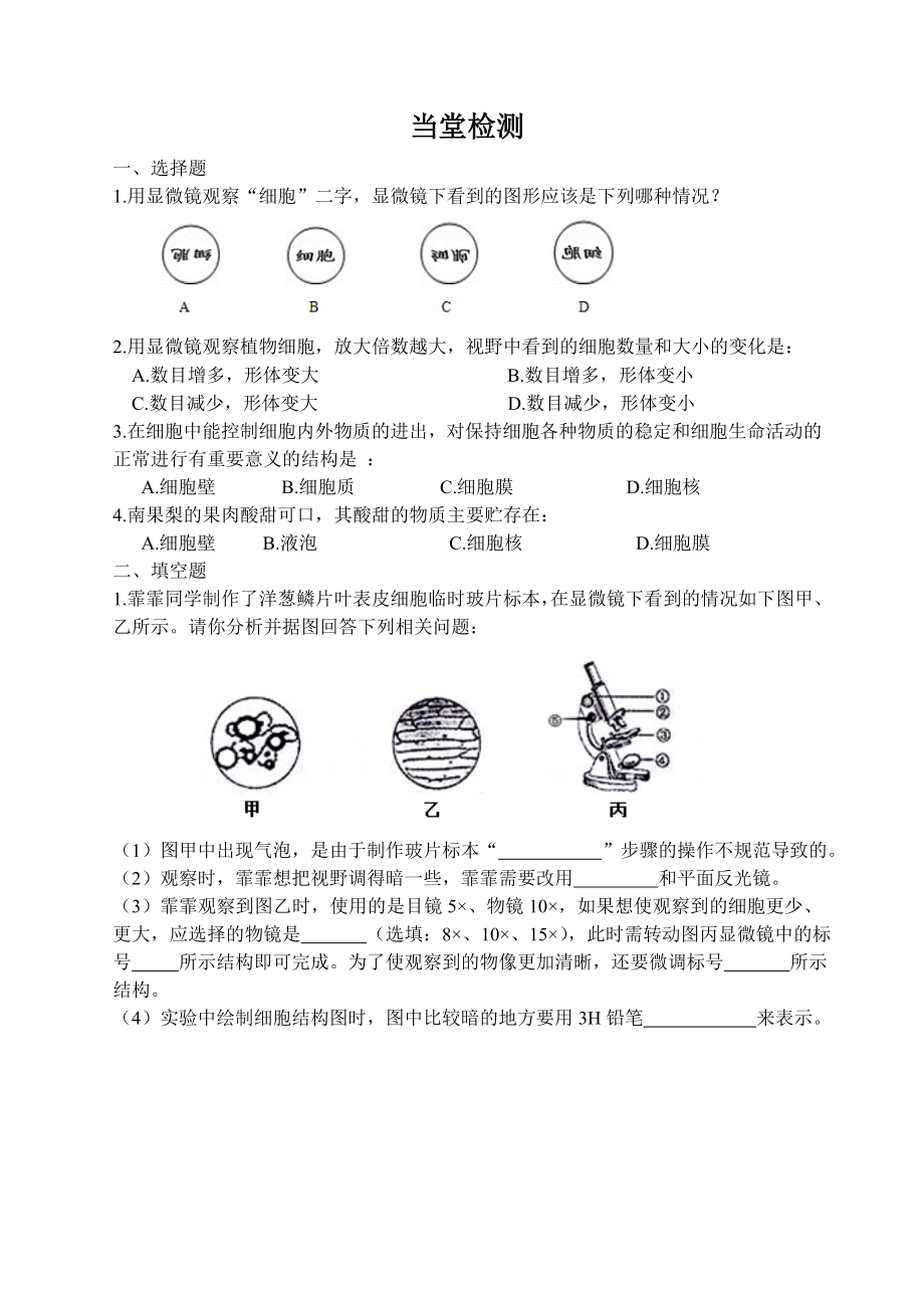 《植物细胞的结构与功能》当堂检测_第1页