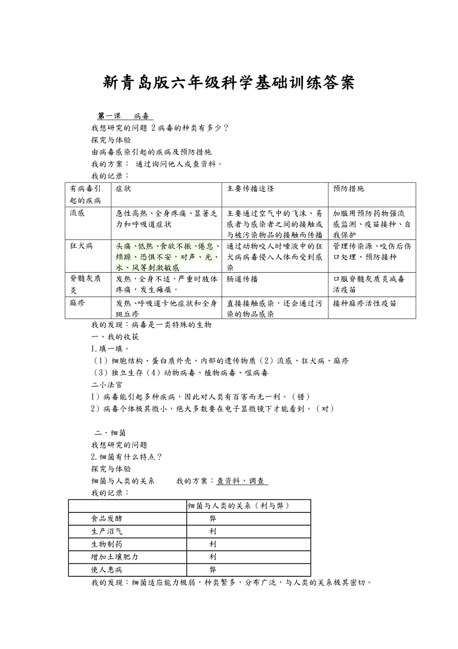 青岛版小学六年级科学(上册)自主学习答案与解析_第1页