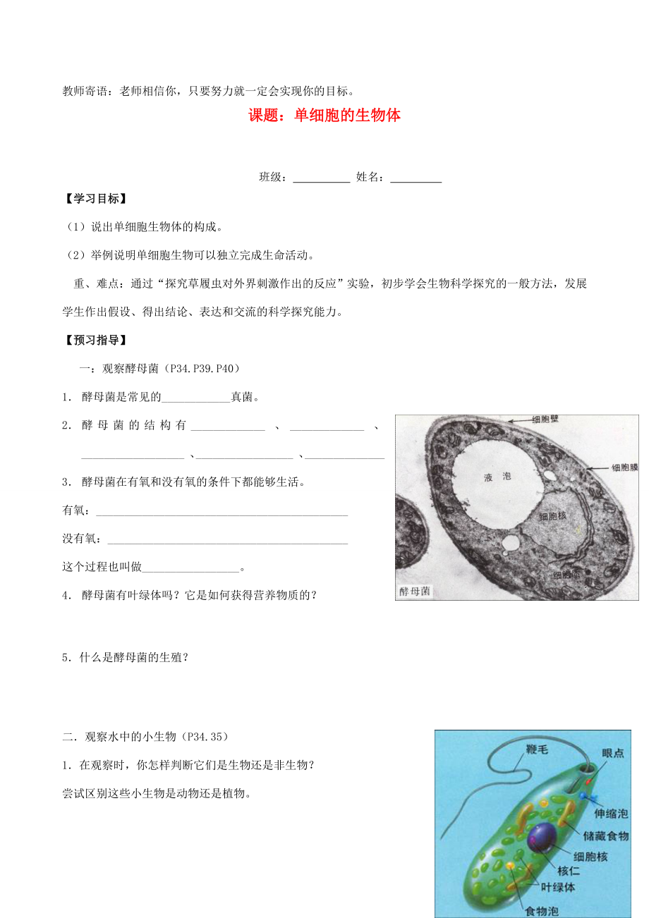 七年级生物第3节单细胞的生物体学案第8章达标测试卷苏科版_第1页
