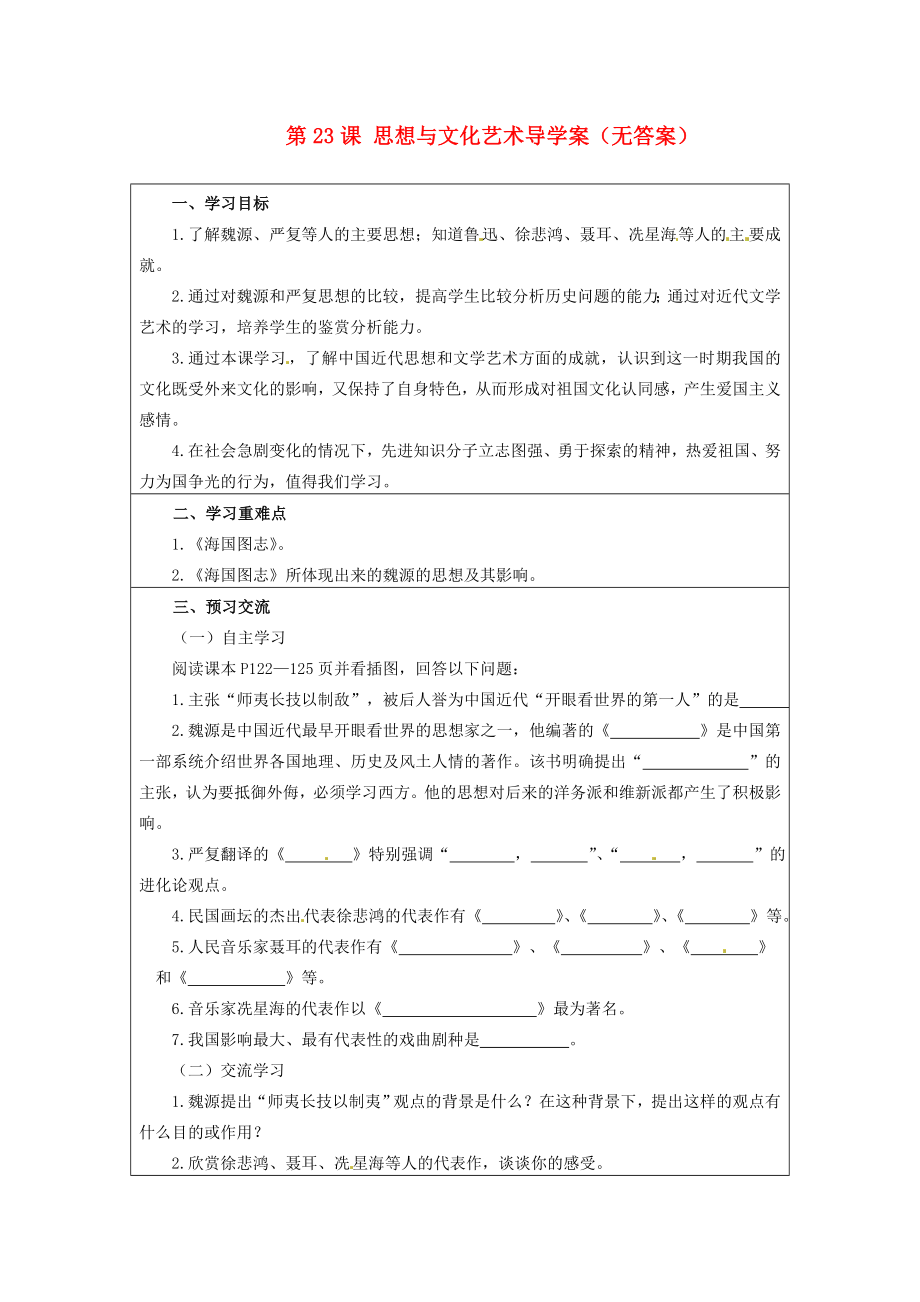 云南省麻栗坡县董干中学八年级历史上册第23课思想与文化艺术导学案无答案中华书局版_第1页