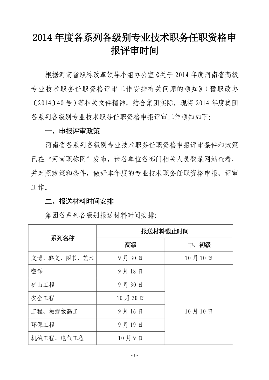 2014年度各系列各级别专业技术职务任职资格申报评审时间_第1页