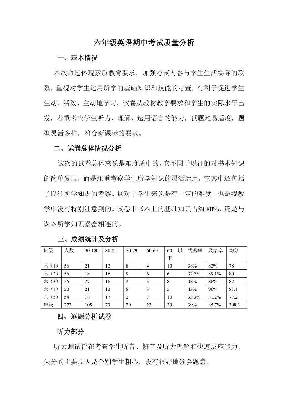 六年级英语期中考试质量分析_第1页