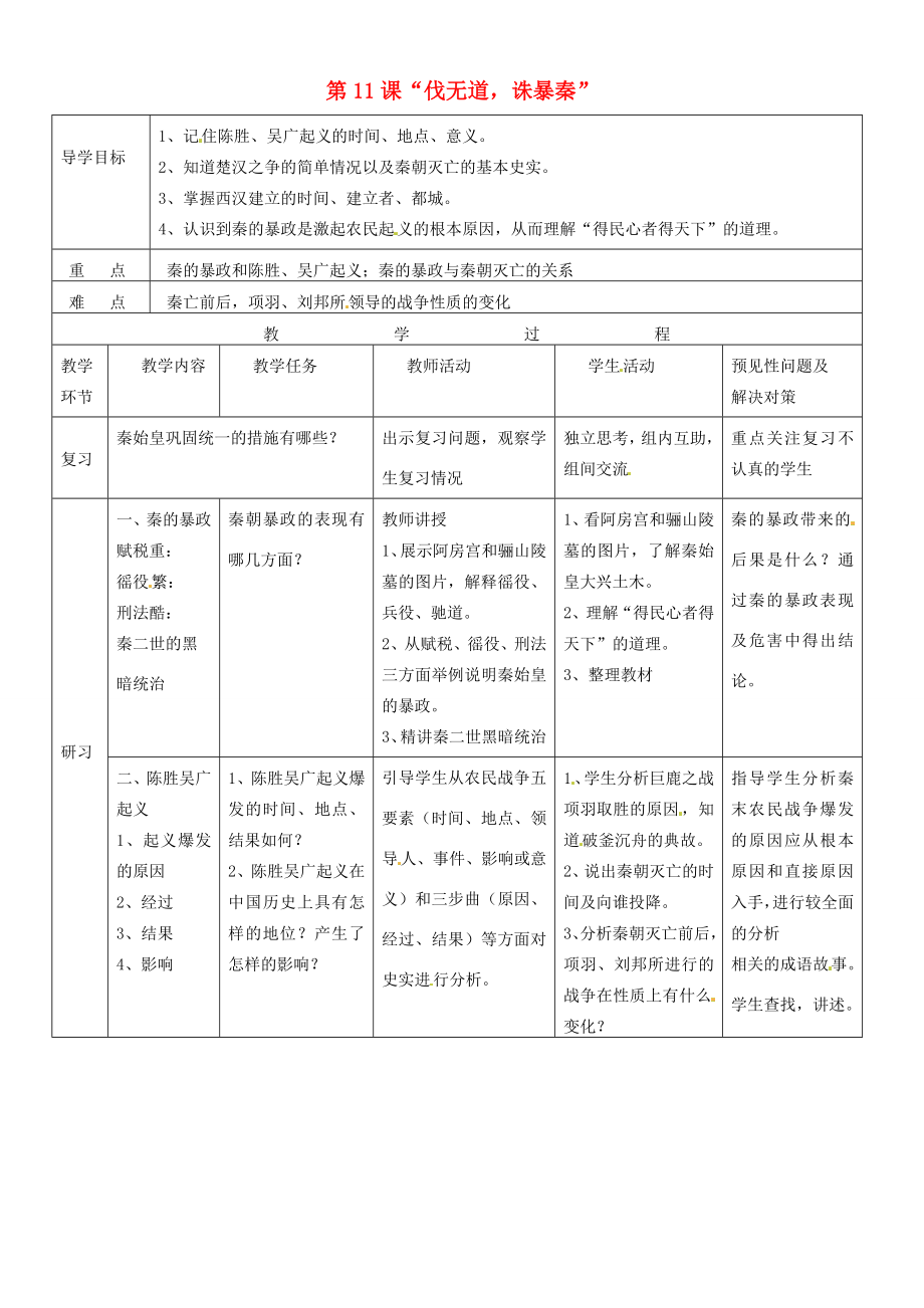 吉林省通化市外國語七年級歷史上冊第11課伐無道誅暴秦導(dǎo)學(xué)案新人教版_第1頁