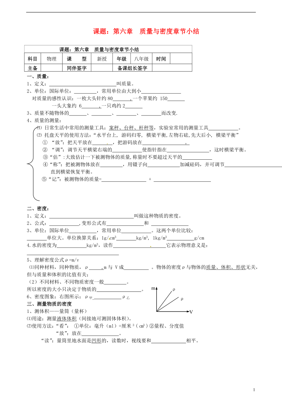 內(nèi)蒙古鄂爾多斯市杭錦旗城鎮(zhèn)中學(xué)八年級物理上冊 第六章 質(zhì)量與密度單元小結(jié)學(xué)案_第1頁