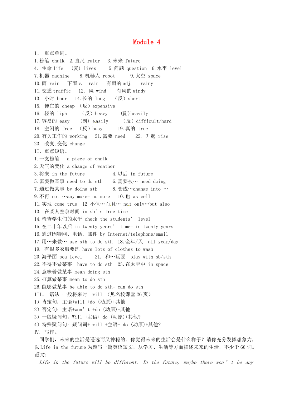 山東省陵縣鄭家寨鎮(zhèn)鄭寨中學七年級英語下冊Module4Lifeinthefuture重點單詞練習無答案新版外研版_第1頁