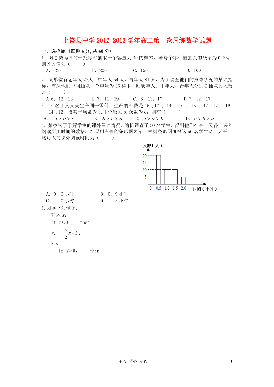 江西省上饶县中学高二数学第一次周练试题重点班潜能班特长班新人教A版_第1页