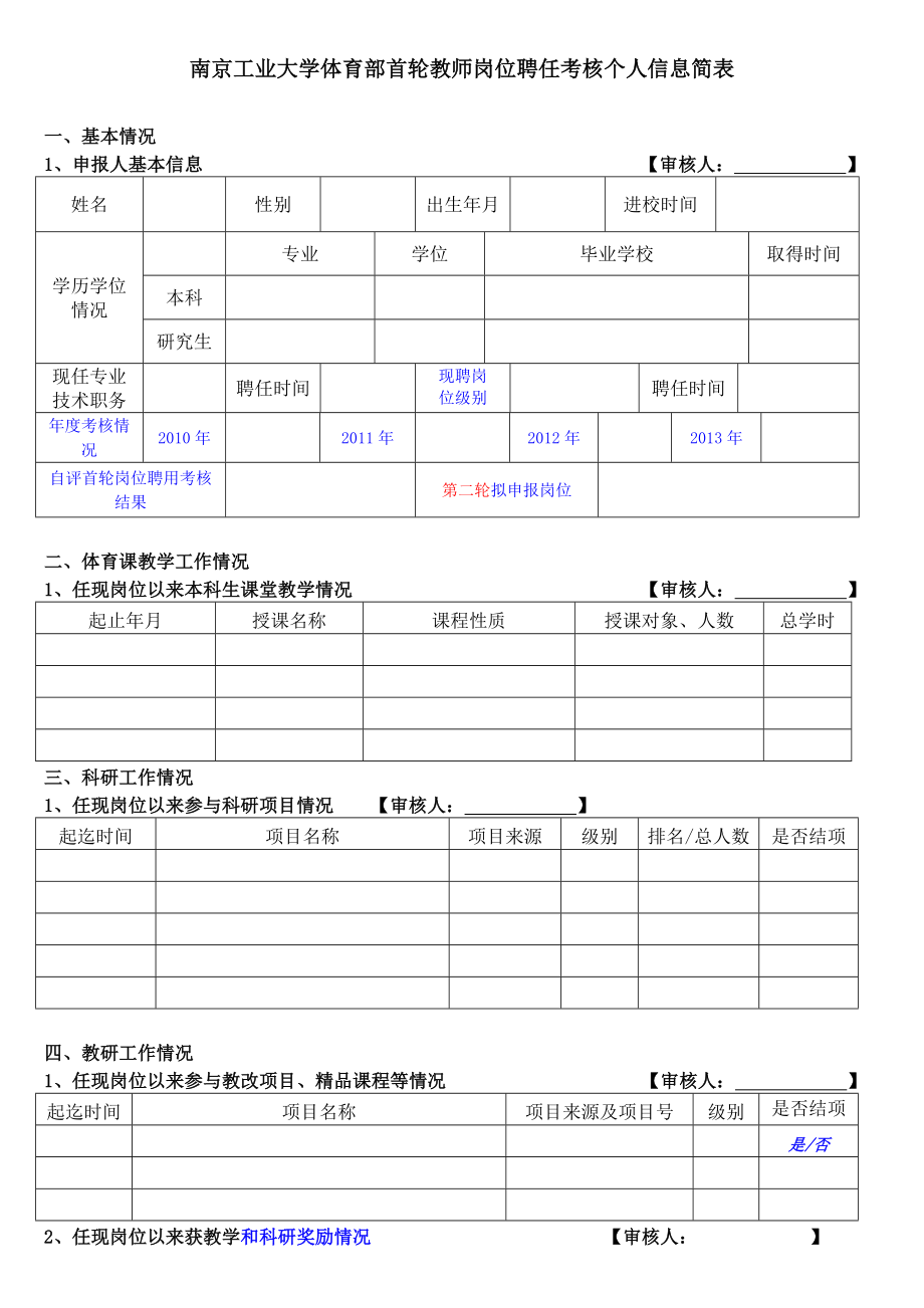南京工业大学体育部首轮教师岗位聘任考核个人信息简表_第1页