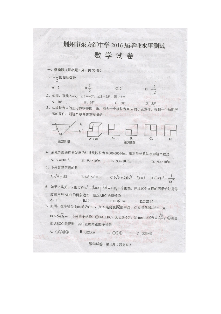 湖北省荆州市东方红中学九年级毕业水平测试数学试题含答案_第1页