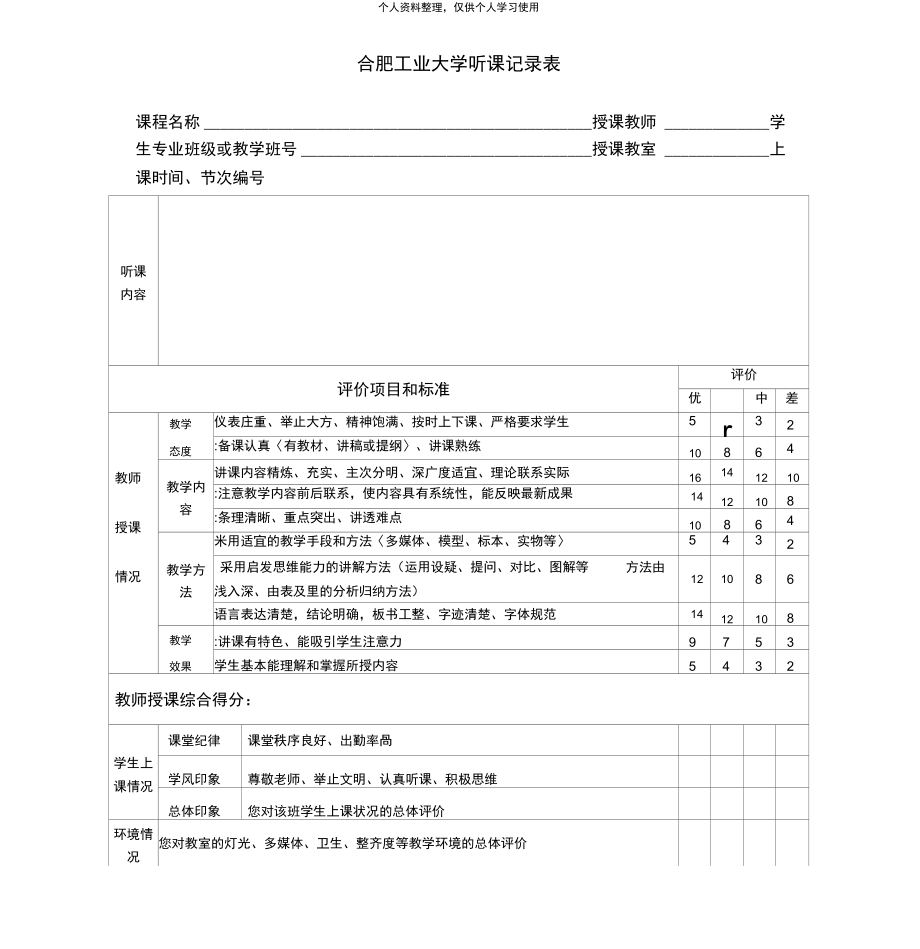 合肥工业大学听课记录表_第1页