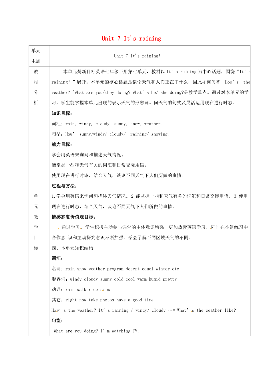 陜西省延安市富縣羊泉鎮(zhèn)七年級英語下冊Unit7Itrsquosraining備案教案新版人教新目標版_第1頁