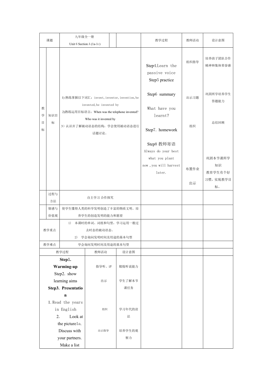 人教新目標(biāo)(Go for it)版_九年級(jí)全冊(cè)Unit 6 When was it invented_ Section A (1a-1c)（表格式教案）_第1頁(yè)