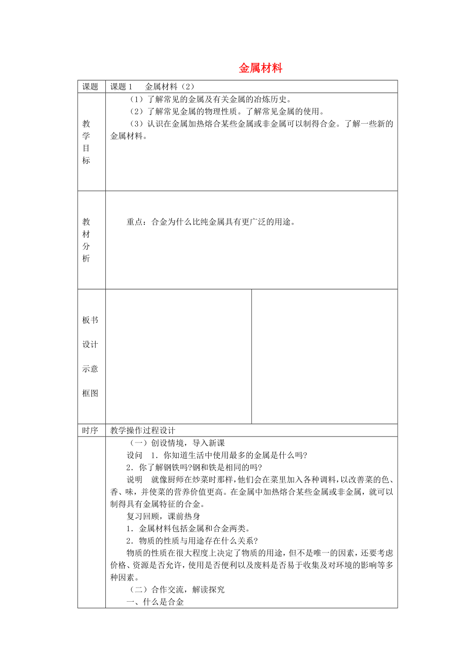 湖南省長沙市雨花區(qū)井灣子中學(xué)九年級化學(xué)下冊8.1金屬材料教案2新人教版_第1頁