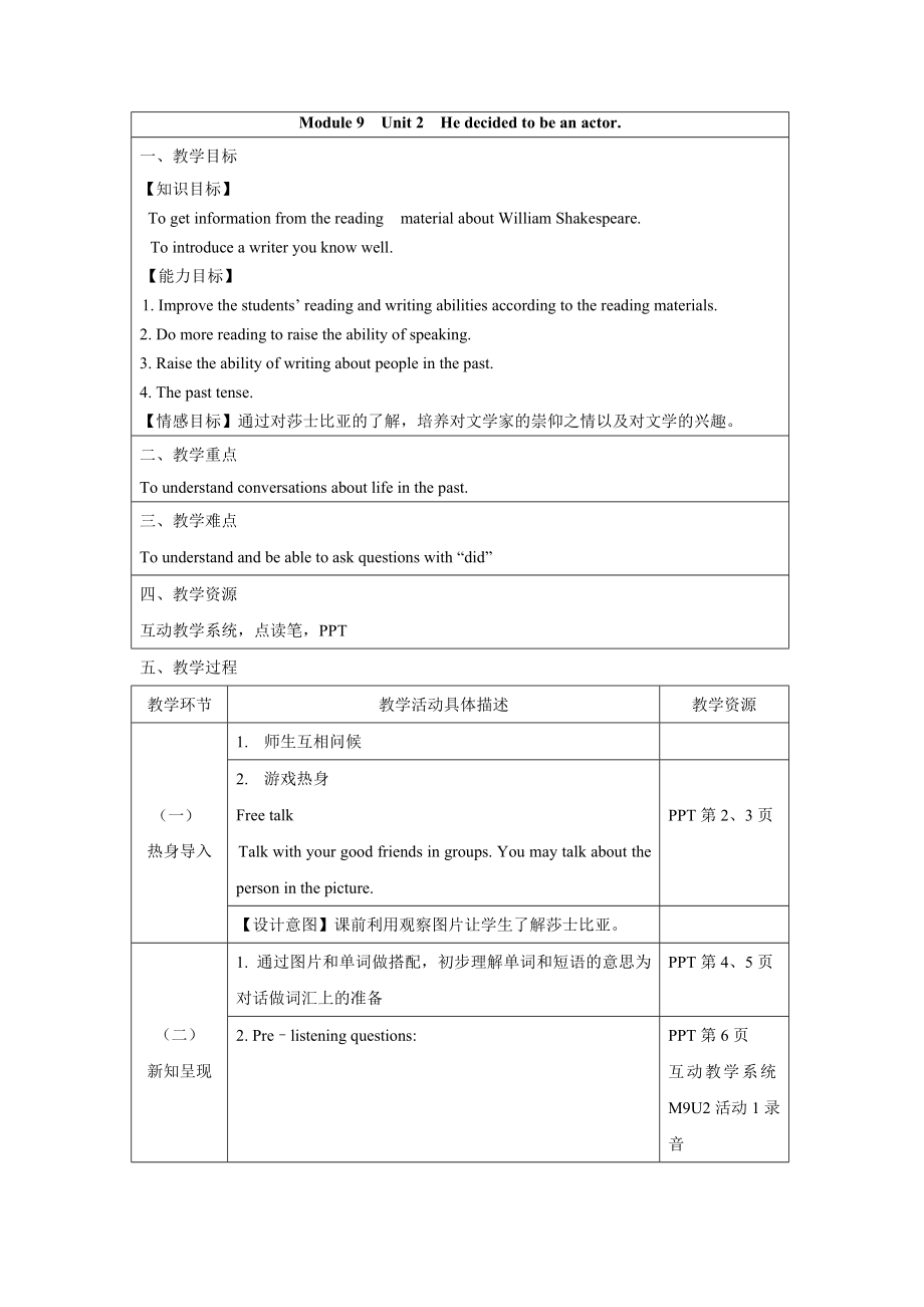 外研版七年級(jí)下冊(cè)Module 9 Life history Unit 2教案（表格式）_第1頁