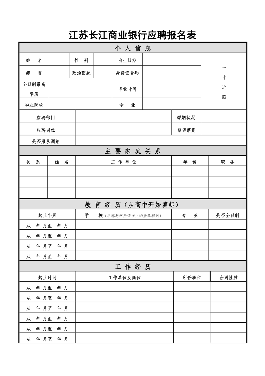 江苏长江商业银行应聘报名表_第1页