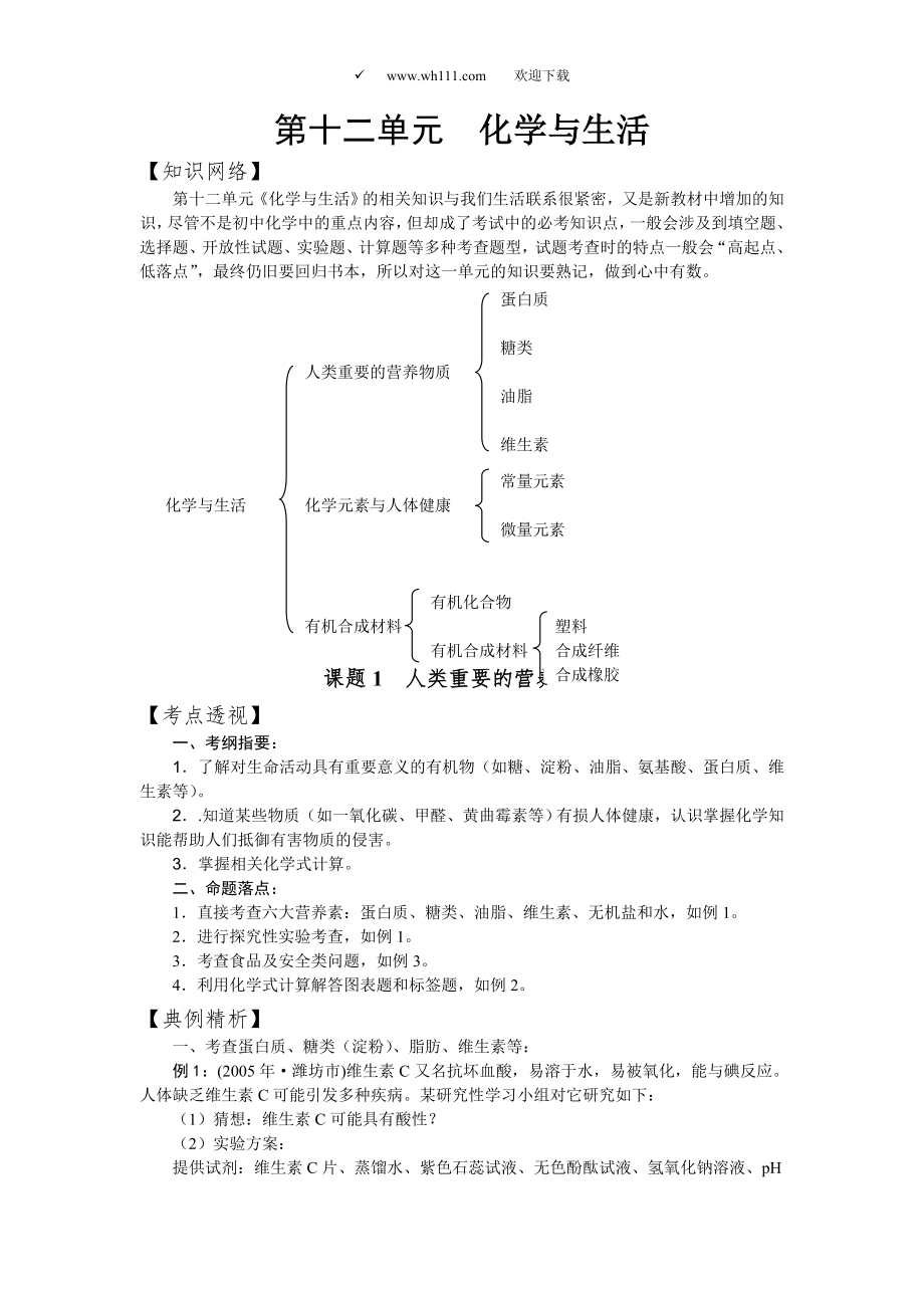 【備戰(zhàn)09中考】人教新課標(biāo)九年級第十二單元化學(xué)與生活學(xué)案_第1頁