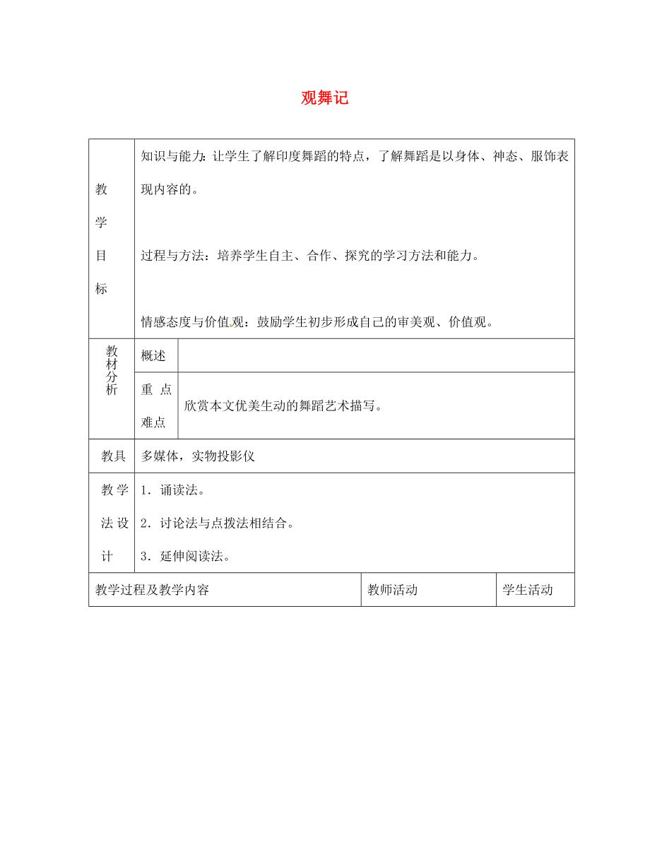 山東省青島市平度市灰埠鎮(zhèn)灰埠中學七年級語文下冊19觀舞記教案新人教版通用_第1頁