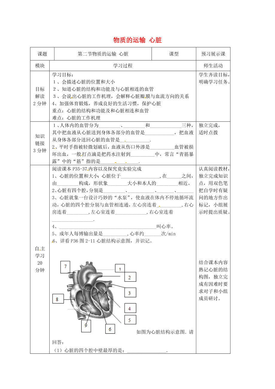 河北省遷安市楊店子鎮(zhèn)聯(lián)合中學(xué)七年級生物下冊第二章第二節(jié)物質(zhì)運(yùn)輸?shù)钠鞴傩呐K導(dǎo)學(xué)案無答案冀教版_第1頁