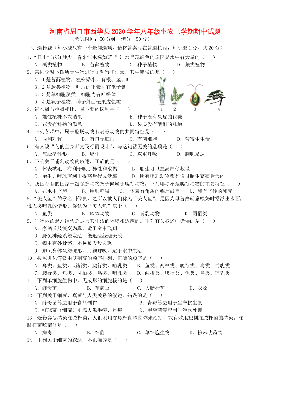 河南省周口市西华县八年级生物上学期期中试题_第1页