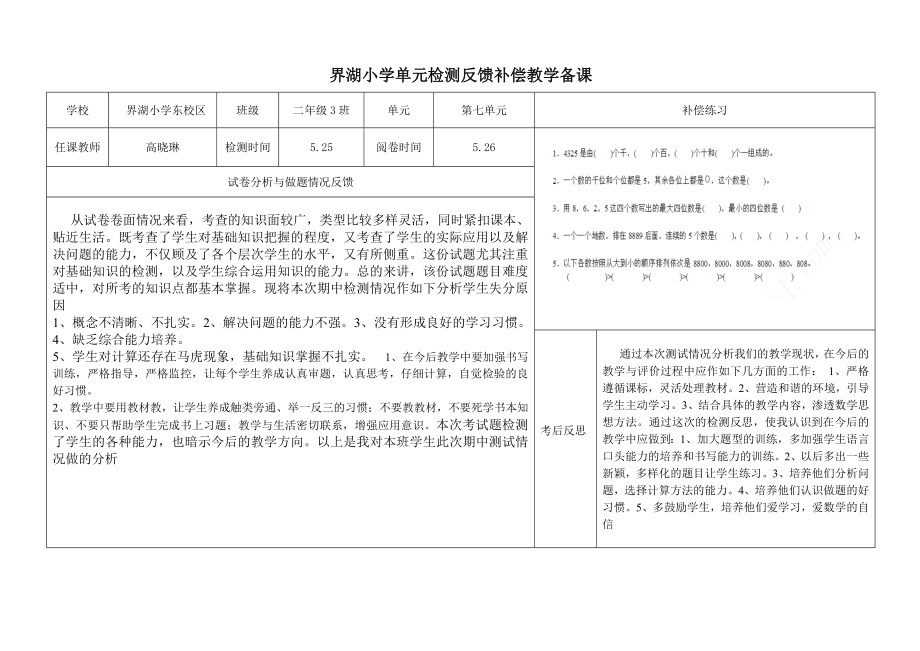 數(shù)學(xué)二年級(jí)下冊(cè)第七單元 試卷分析_第1頁(yè)