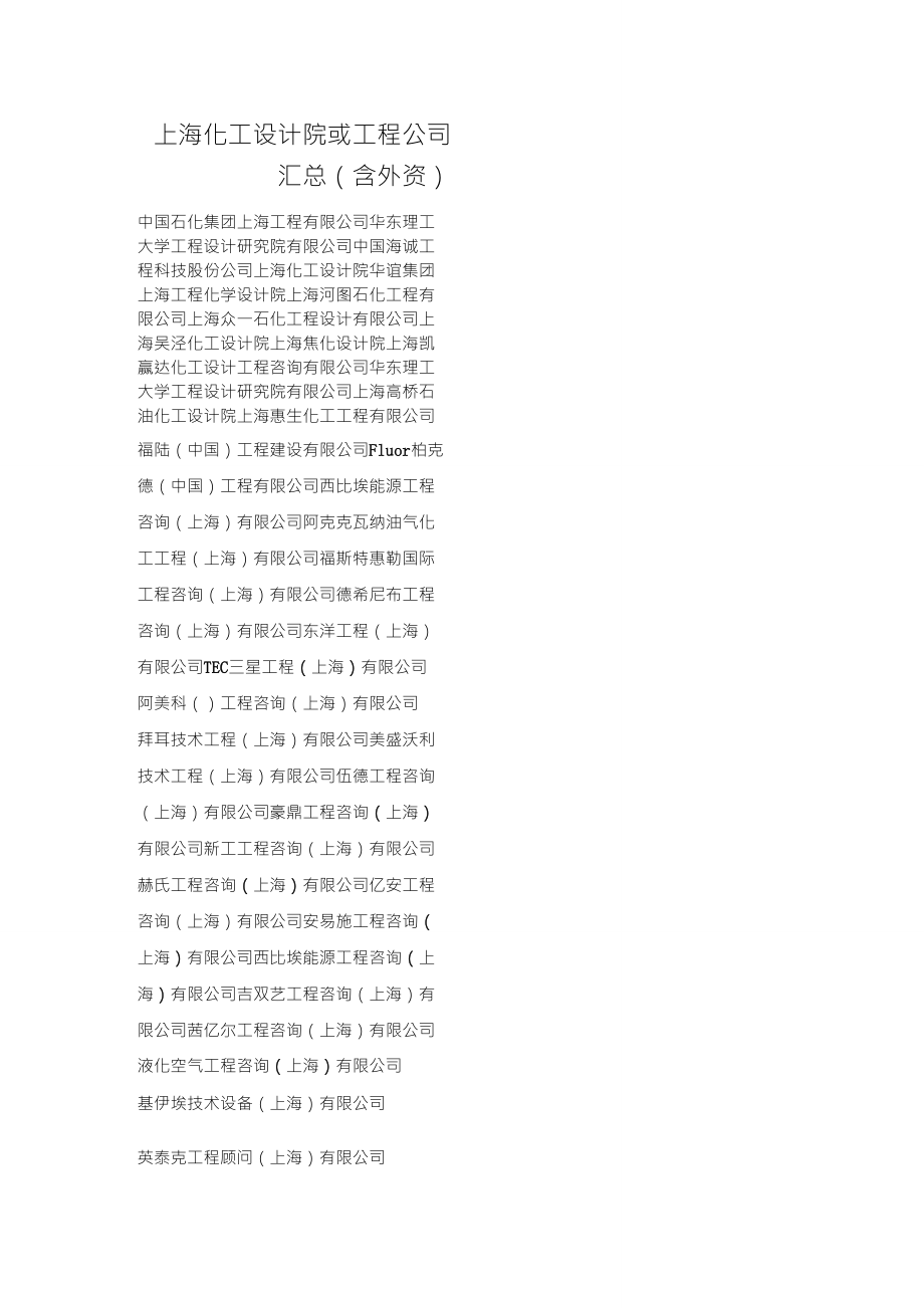 上海市化工设计院或工程公司汇总(含外资)_第1页