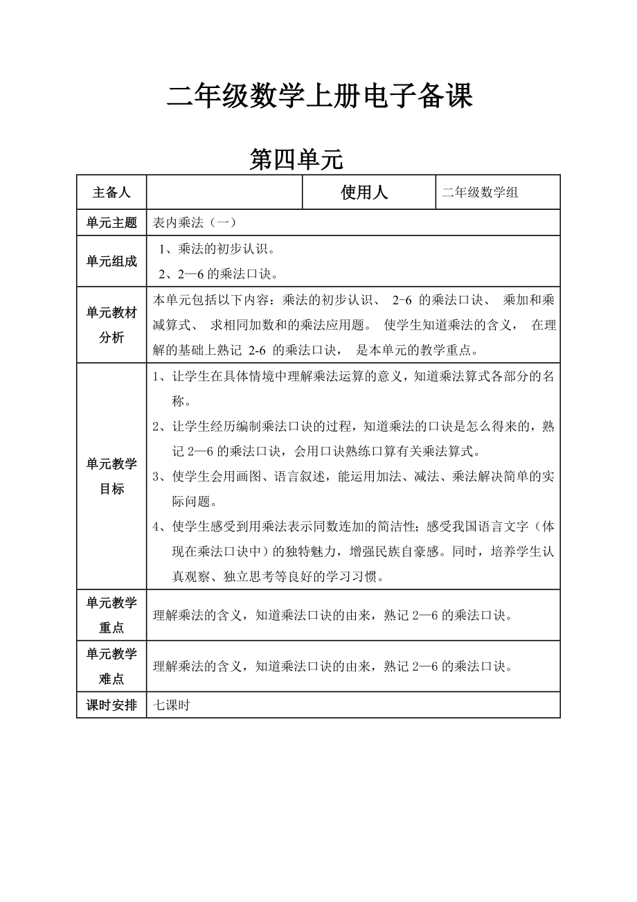 二年级数学第四单元备课_第1页