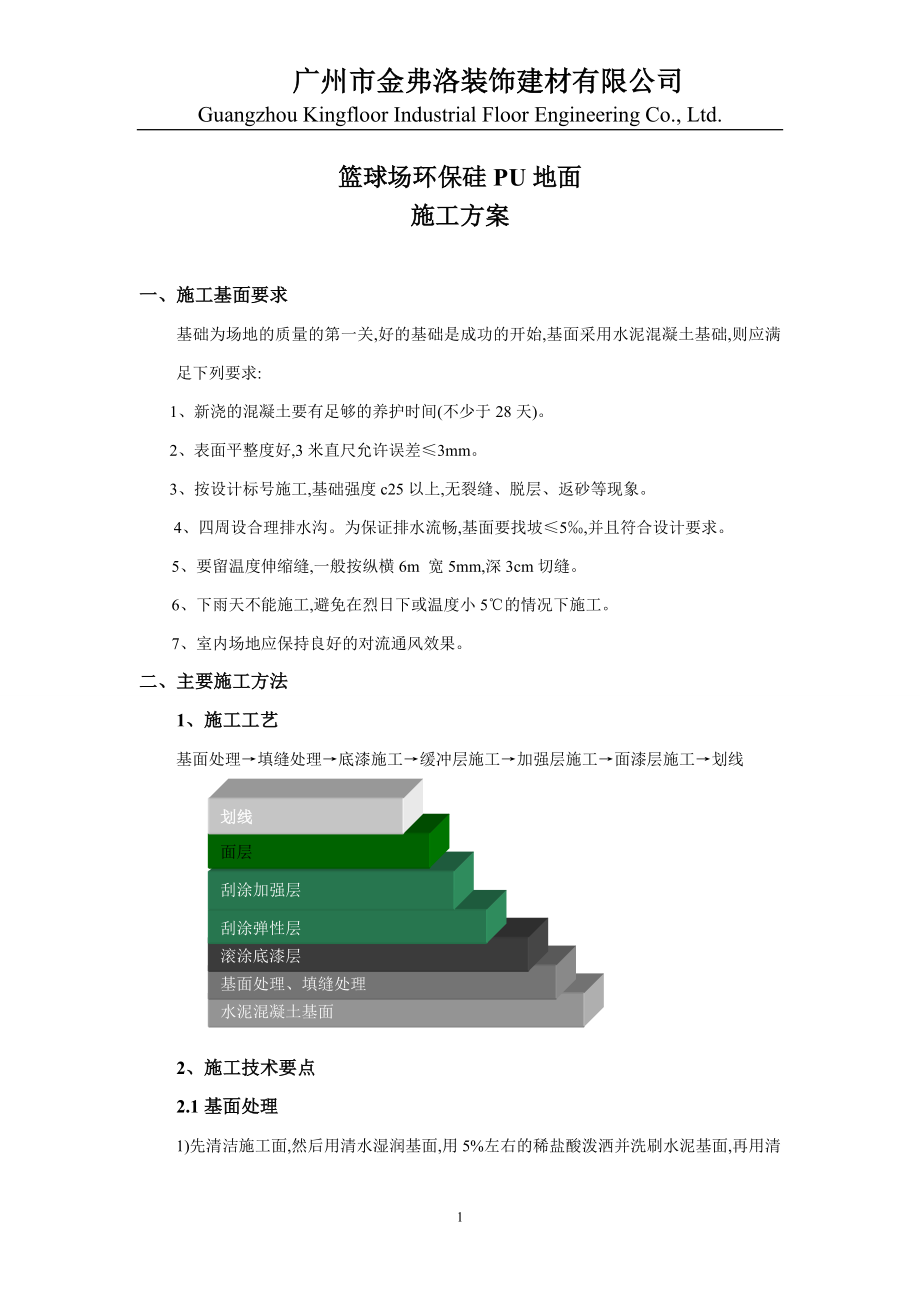 金弗洛硅PU篮球场地面施工方案范本_第1页