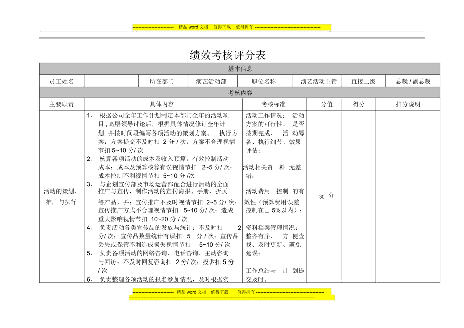 绩效考核评分表(演艺活动部-主管)20110224_第1页