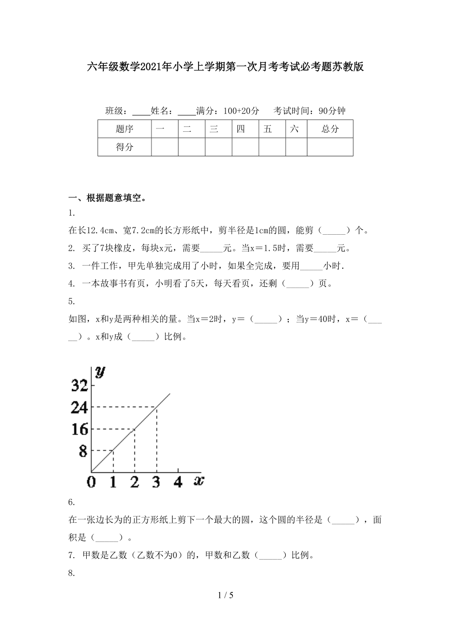 六年级数学小学上学期第一次月考考试必考题苏教版_第1页