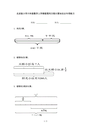 北京版小学六年级数学上学期看图列方程计算知识点专项练习