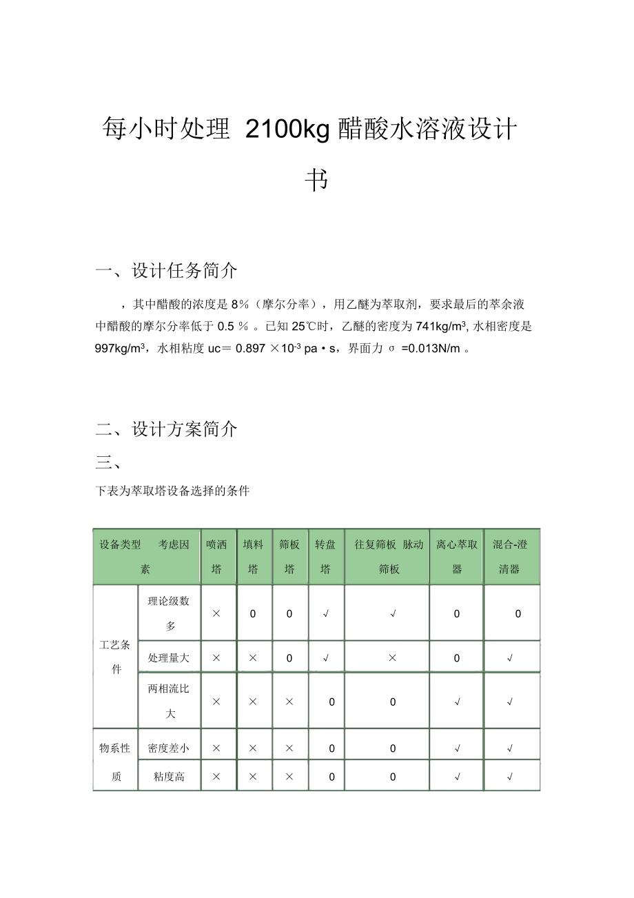 每小时处理2100kg醋酸水溶液设计书_第1页