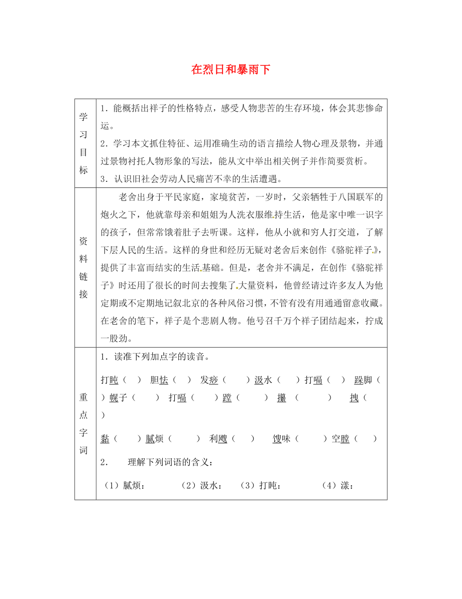 江蘇省儀征市第三中學(xué)九年級語文上冊在烈日和暴雨下導(dǎo)學(xué)案無答案蘇教版_第1頁