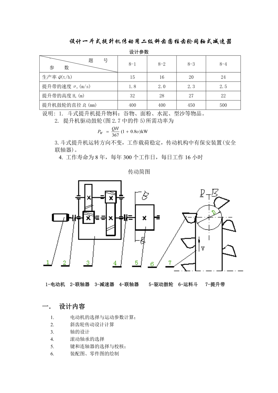 一斗式提升机传动用二级斜齿圆柱齿轮同轴式减速器机械设计课程设计_第1页