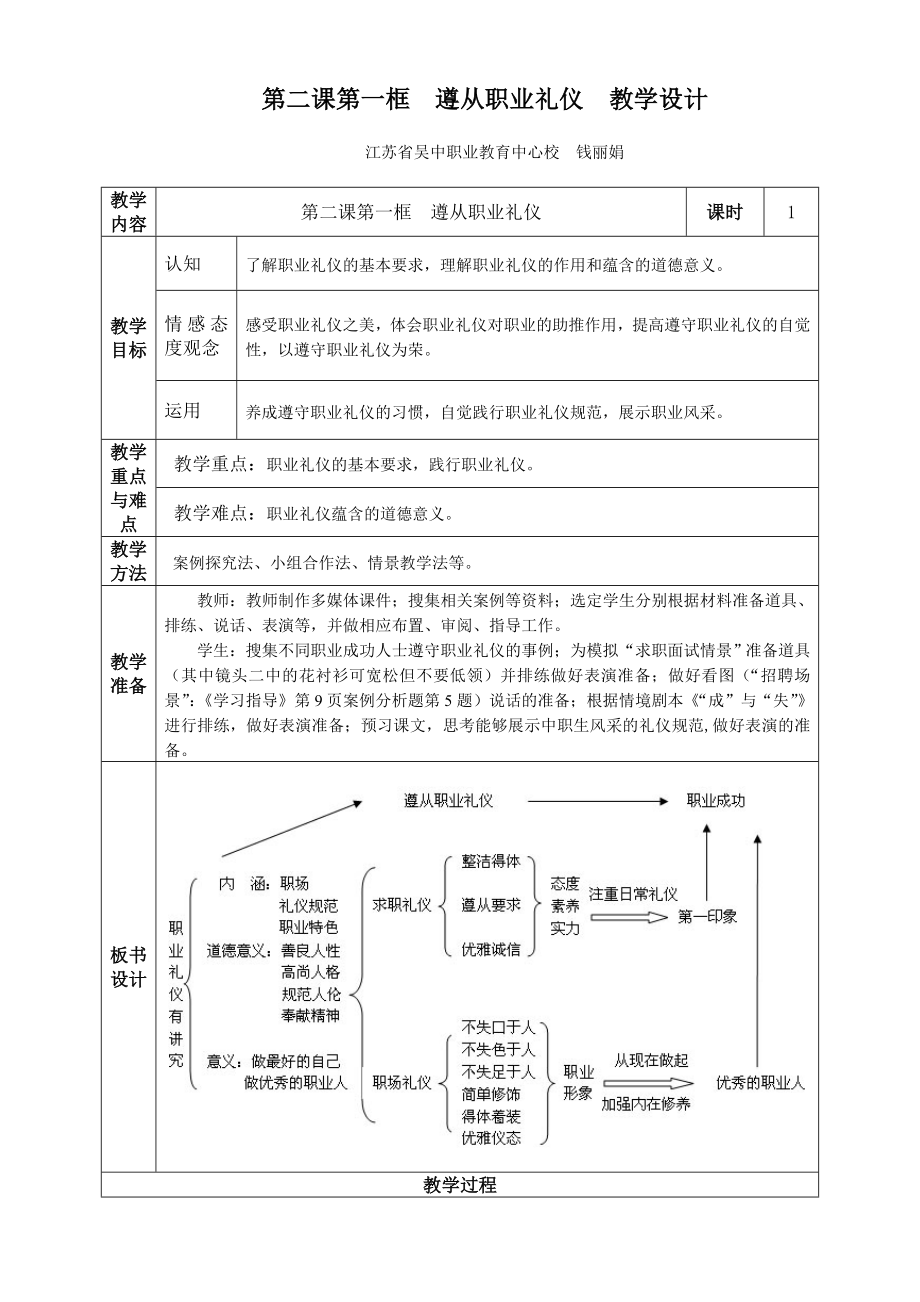 第二課第一框 遵從職業(yè)禮儀 教學(xué)設(shè)計(jì)_第1頁