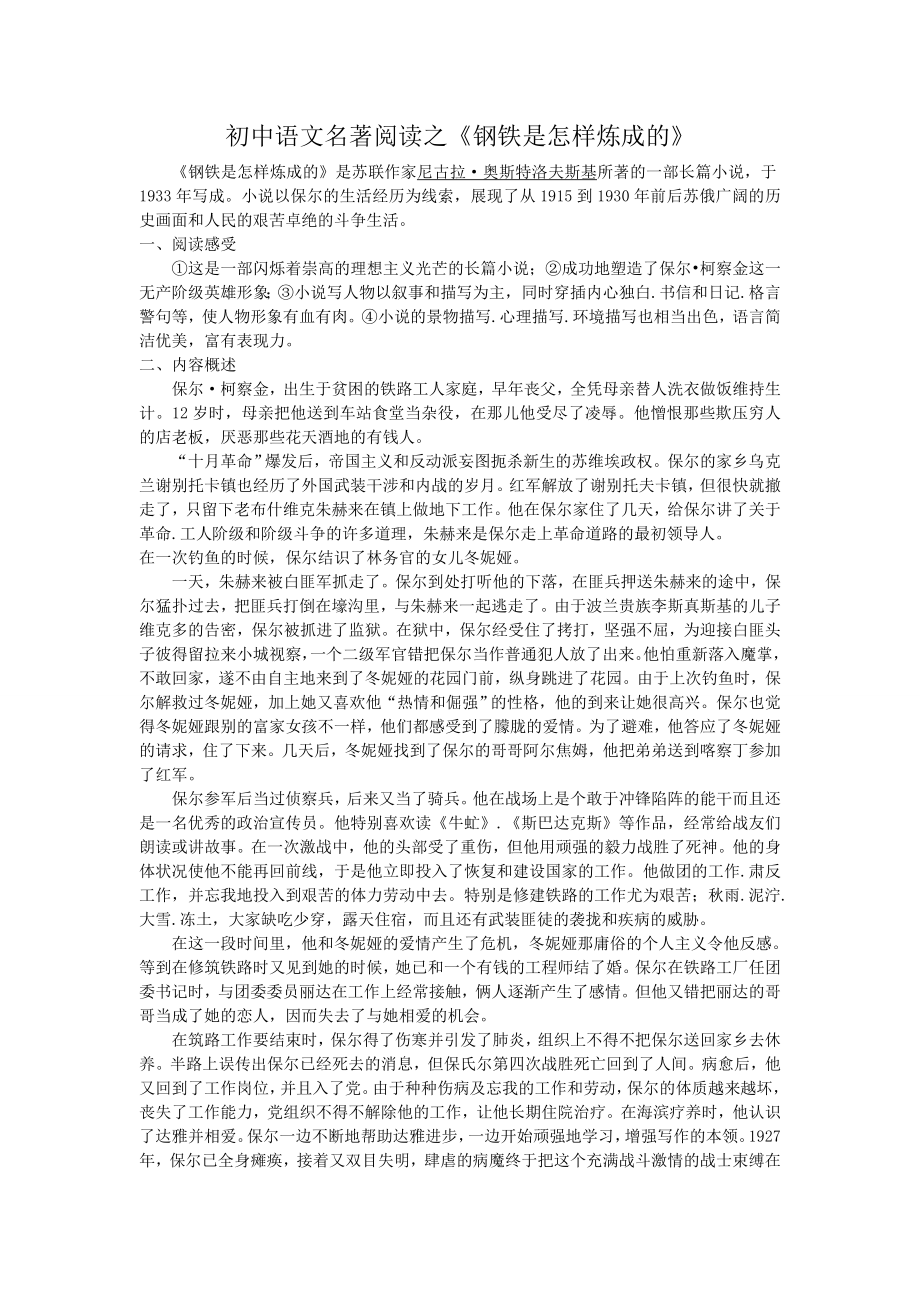 初中语文名著阅读之《钢铁是怎样炼成的》_第1页