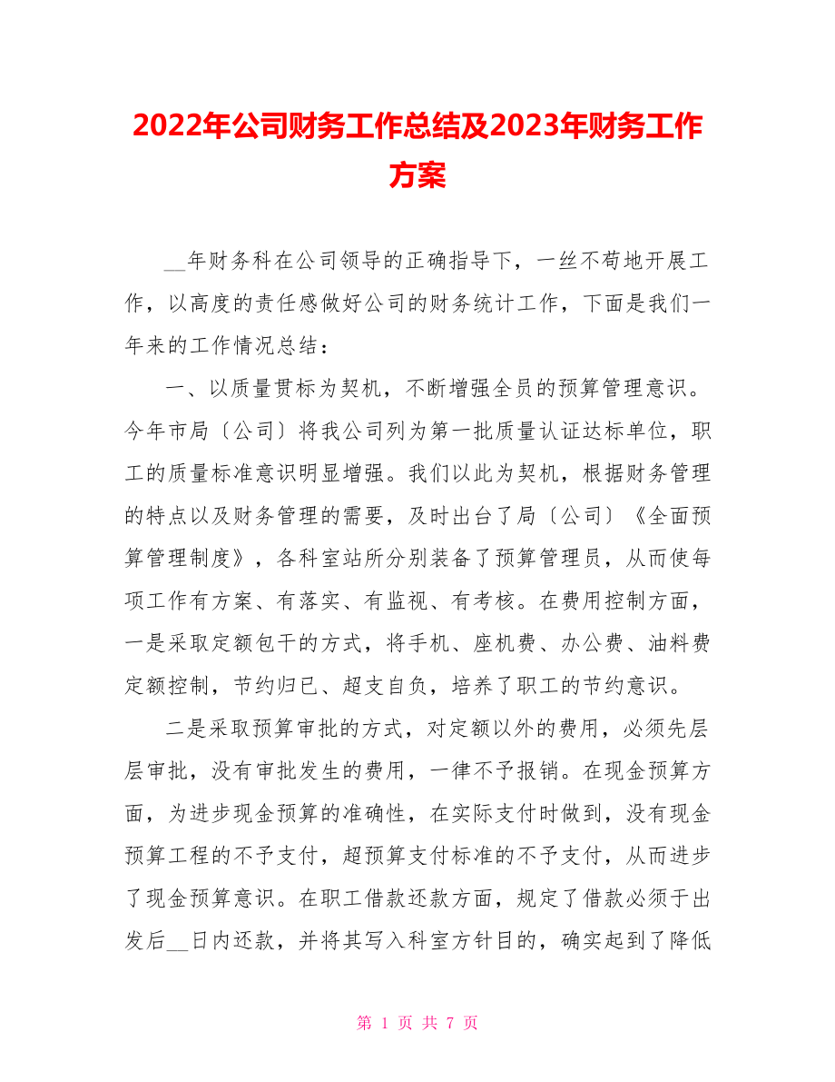 2022年公司财务工作总结及2023年财务工作计划_第1页