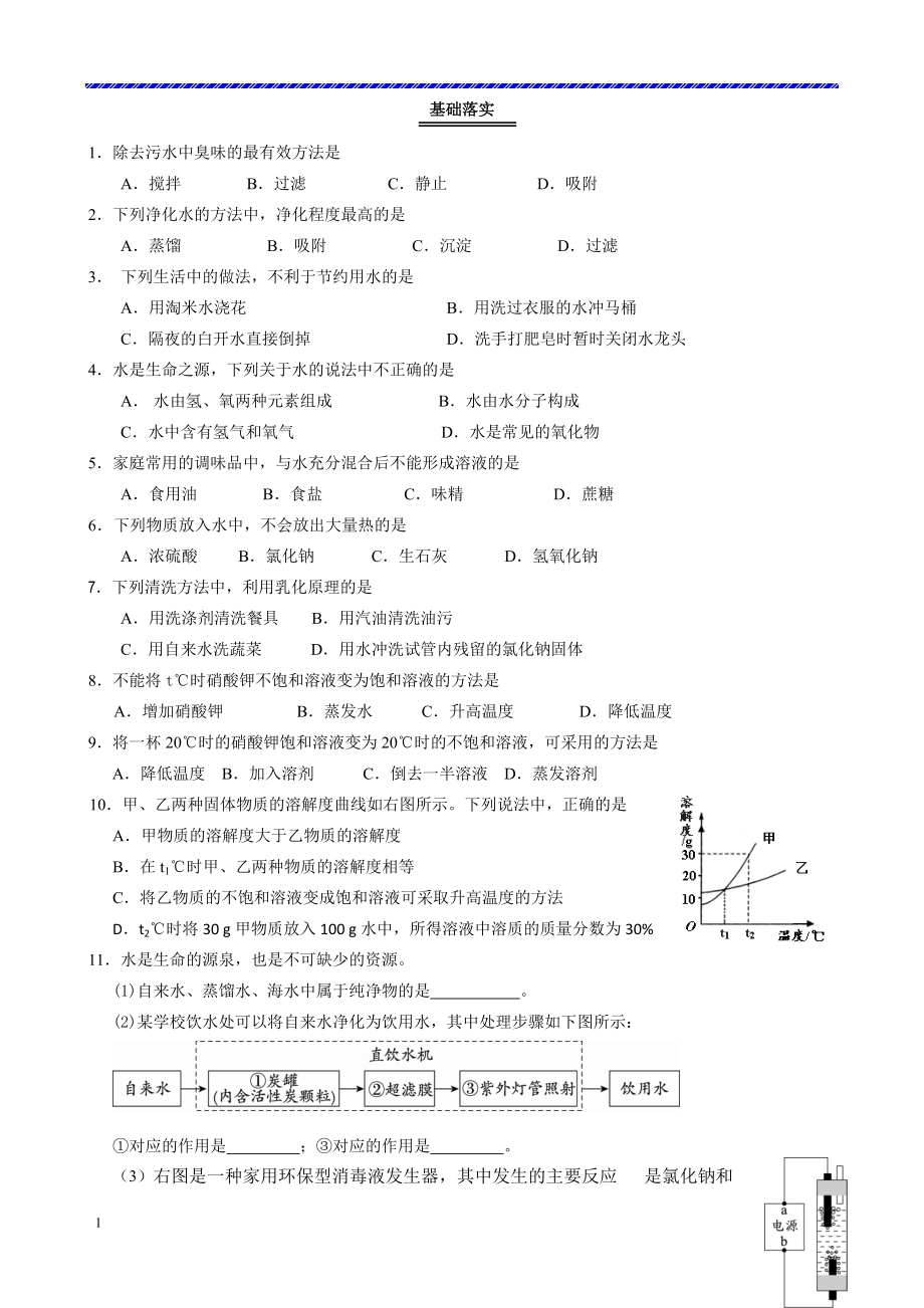 中考復(fù)習(xí) 第二單元身邊的化學(xué)物質(zhì)【專題二 水和溶液練習(xí)】_第1頁(yè)