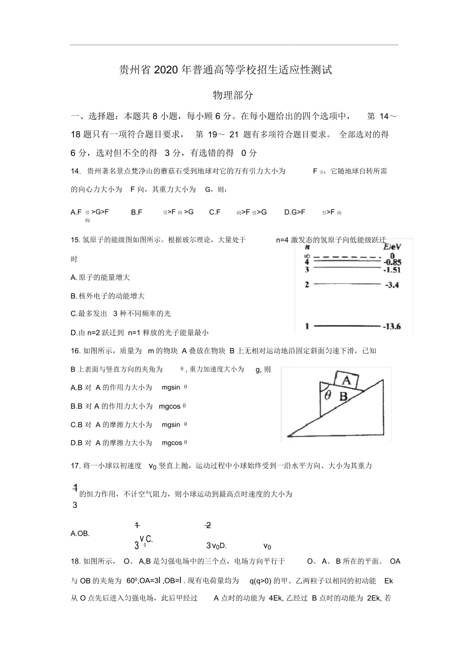 2020贵州省适应性考试物理试题_第1页