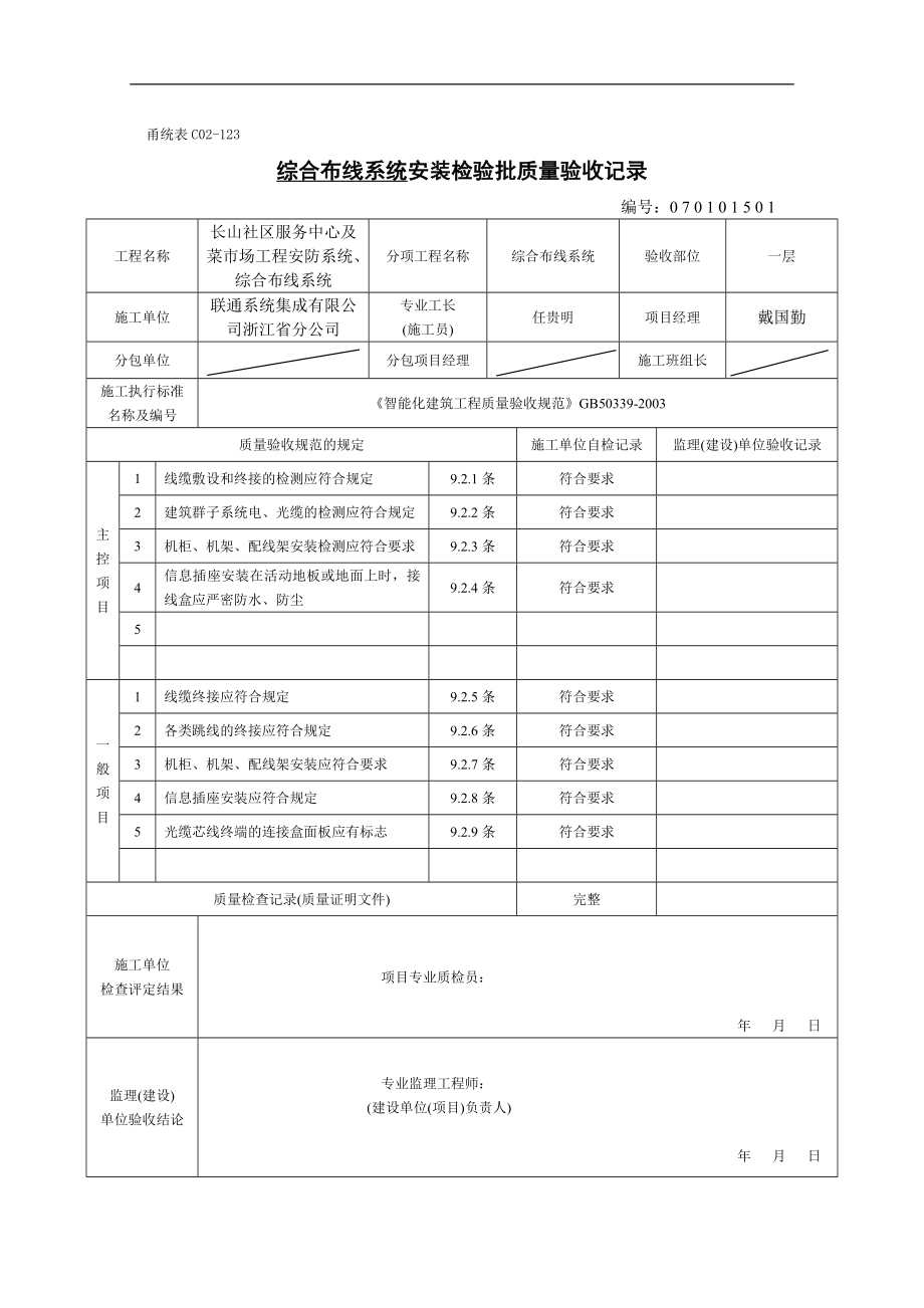 甬統(tǒng)表C02﹣123《______檢驗批質(zhì)量驗收記錄》101_第1頁