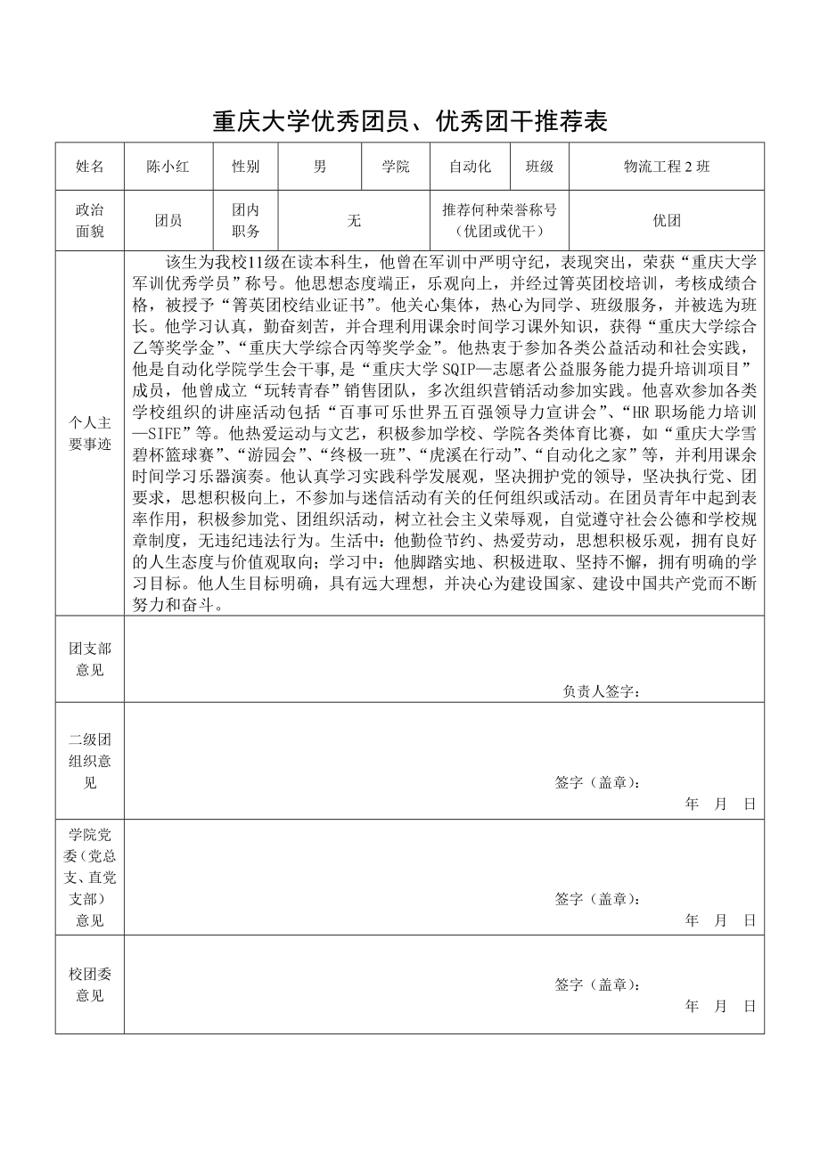 重庆大学优秀团员推荐表1_第1页