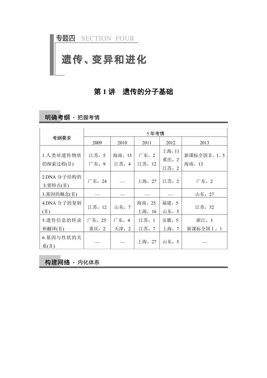 2014步步高生物二輪專題復(fù)習(xí)與增分策略專題四 第1講遺傳的分子基礎(chǔ)_第1頁