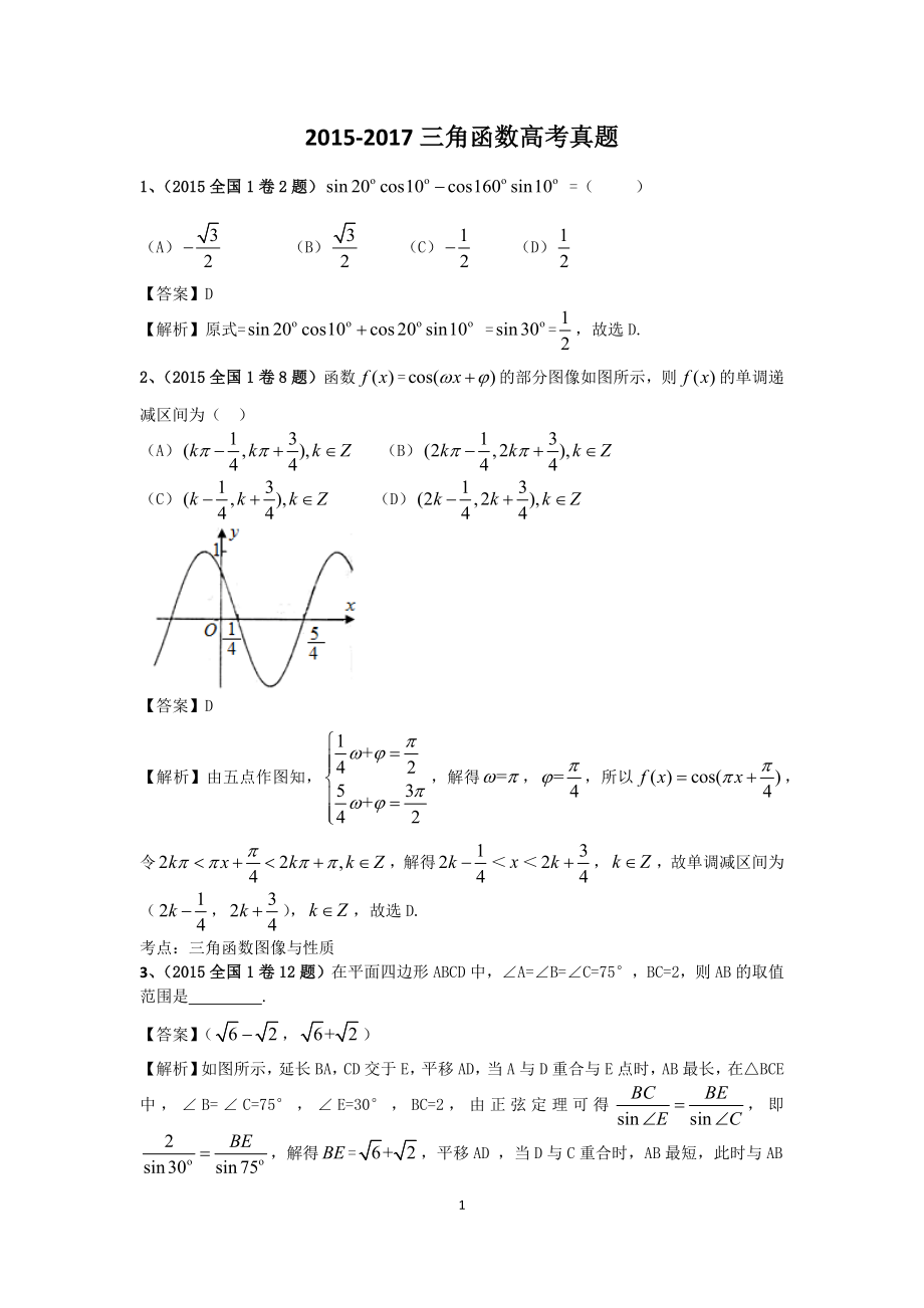 2015-2017三角函数高考真题教师版_第1页